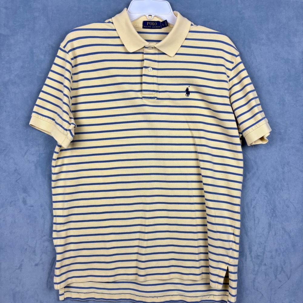 Polo Ralph Lauren Mens Large Yellow Blue Striped Short Sleeve Cotton Polo Shirt